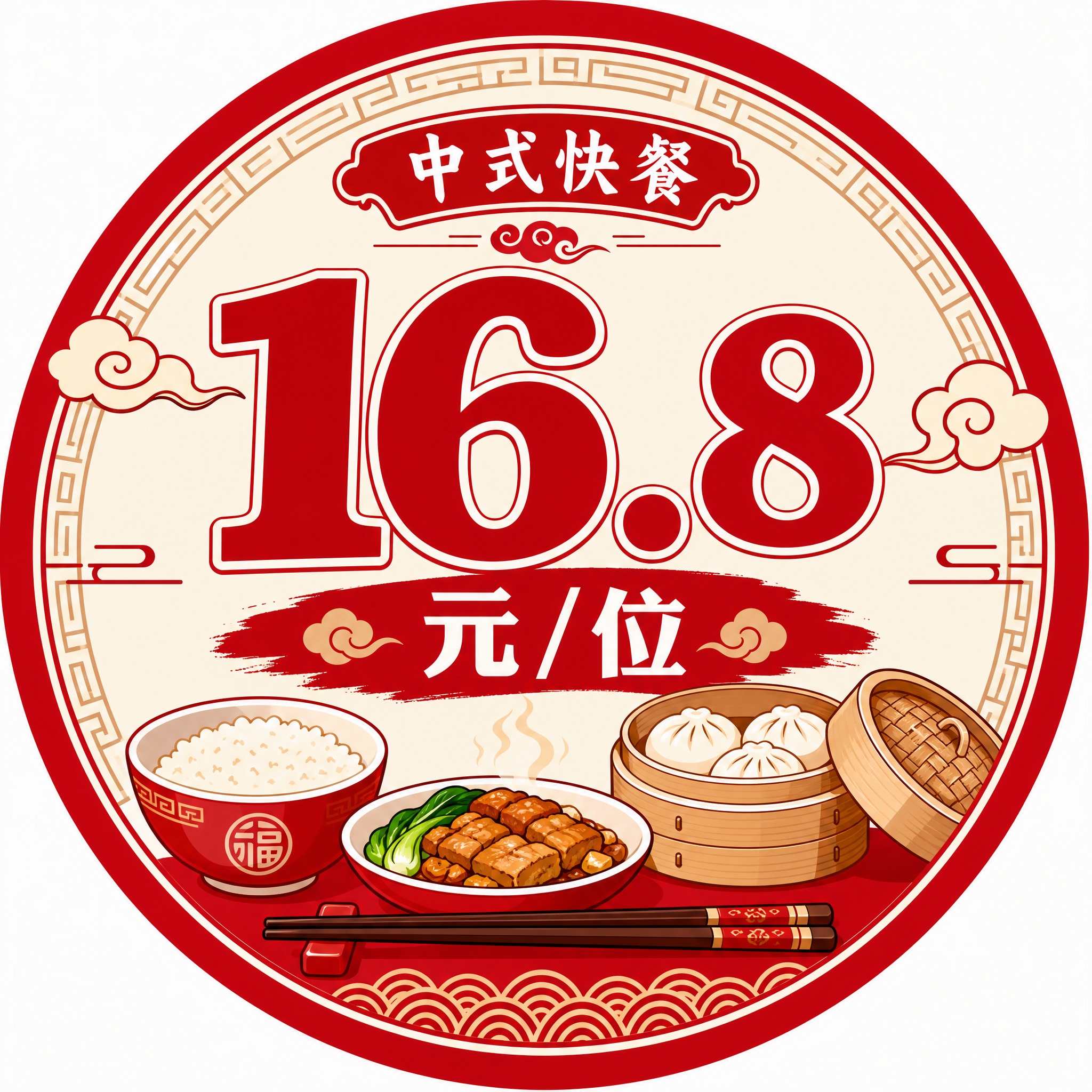 圆形图标设计，中式快餐主题，红色为主色调，中国风风格，图标中央… - 图片创意预览