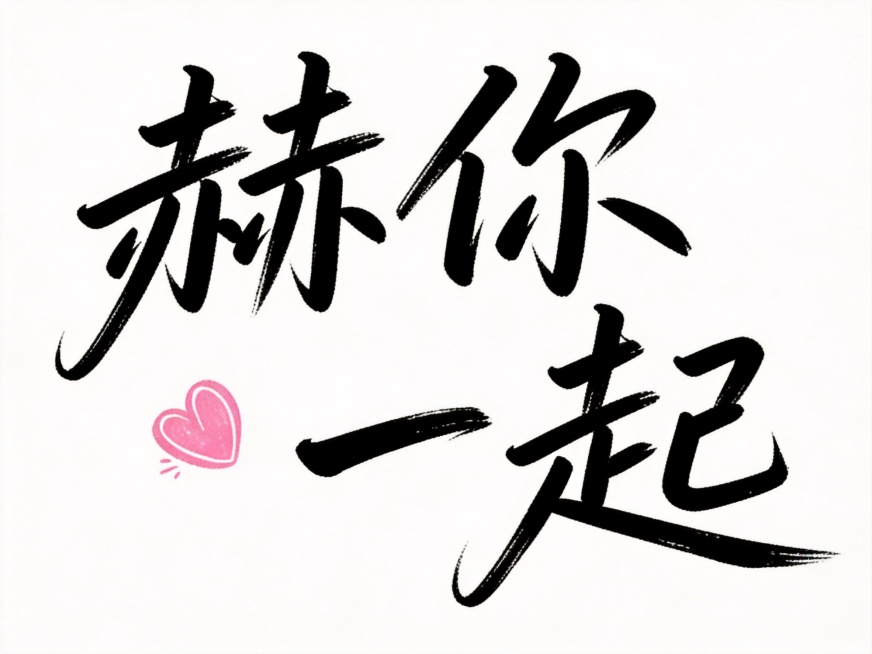 参考图字体基础为手写毛笔书法字体，干净的纯白色背景。平面艺术字体设计，主体文字“赫你一起”，所有文字单行横向排列，毛笔手写风格，黑色字体搭配粉色爱心装饰，笔画粗细变化自然，收笔带有飞笔效果，文字姿态活预览效果