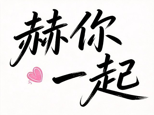 参考图字体基础为手写毛笔书法字体，干净的纯白色背景。平面艺术字体设计，主体文字“赫你一起”，所有文字单行横向排列，毛笔手写风格，黑色字体搭配粉色爱心装饰，笔画粗细变化自然，收笔带有飞笔效果，文字姿态活泼倾斜。仅包含4个字：“赫”、“你”、“一”、“起”，不得增加、遗漏或替换任何一个字。左侧添加一个粉色小爱心装饰。文字整体必须完整呈现在画面内不可被裁切，四周留有安全边距。比例4:3。