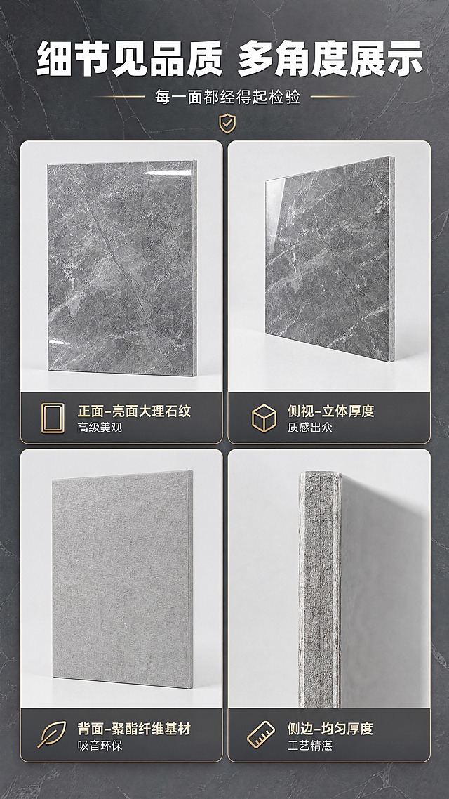 [商品] 使用【图1】正面+【图2】侧面角度+【图3】背面+【图4】厚度侧面；多角度展示产品全貌与细节；保留各角度真实材质与结构。
[画面] 产品细节+多角度展示页；竖版9:16构图，采用2×2宫格布局，四格分别展示：左上正面亮面大理石纹全景、右上45度侧视立体效果、左下背面聚酯纤维基材纹理、右下侧面厚度微距；每格下方配简短标注；顶部为标题区；背景为浅灰渐变。
[视觉] 套系策略：风格=现代轻奢建材商业摄影风；标题字=粗黑无衬线字体；正文字=简洁无衬线体；主色=高级深灰；背景延展=基于深灰做深浅渐变、同色系大理石暗纹质感；强调色=香槟金，仅用于小面积图标、引线、标签和装饰线条；标题色=纯白；正文色=浅灰白；组件=圆角深色信息卡、细金线引线、图标化卖点模块；光影=左前侧柔光+右侧轮廓光，突出亮面反光质感。
[文字] 顶部标题「细节见品质 多角度展示」，副标题「每一面都经得起检验」；四宫格标注：正面-亮面大理石纹 高级美观；侧视-立体厚度 质感出众；背面-聚酯纤维基材 吸音环保；侧边-均匀厚度 工艺精湛；文字全部横排。
[规格] 图片比例9:16竖版，4K分辨率，medium质量；避免变形、错字、各角度材质失真。