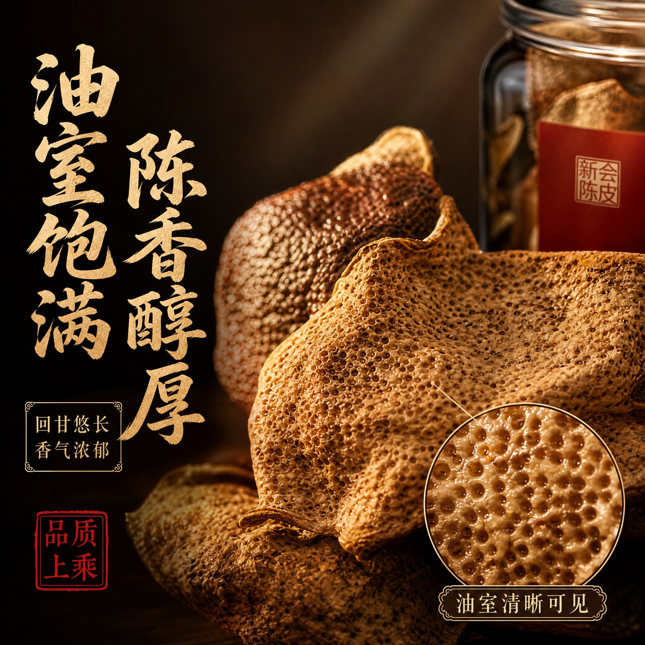 [主图-4] 主题：新会陈皮细节特写，油室饱满清晰、陈香醇厚回… - 图片创意预览