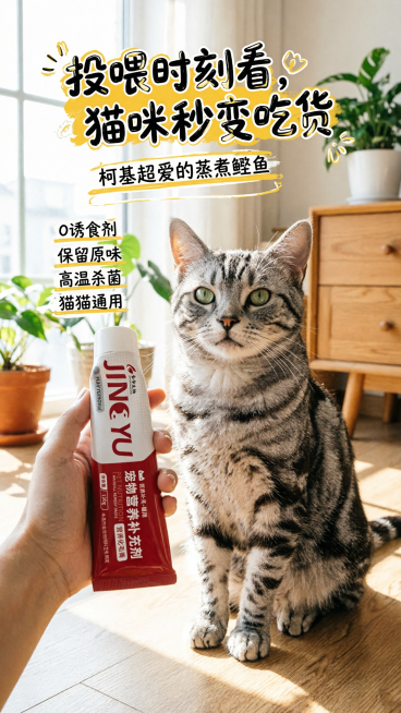 参考第二张图片的小红书封面风格，将第一张图里的金宇生物宠物营养补充剂化毛膏产品，和一只美短猫合影，突出产品痛点卖点文案，整体9:16竖版，自然温馨阳光的家居场景，可爱手绘文字描边风格突出卖点，适合小红预览效果