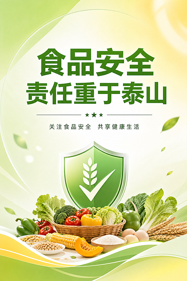 沿用当前高端简约风格，保留所有原文字内容不修改，中间16个字保持缩小字号，设计同风格不同背景配色的食品安全海报，文字排版不变，整体鲜亮干净无人物，尺寸60cmx90cm