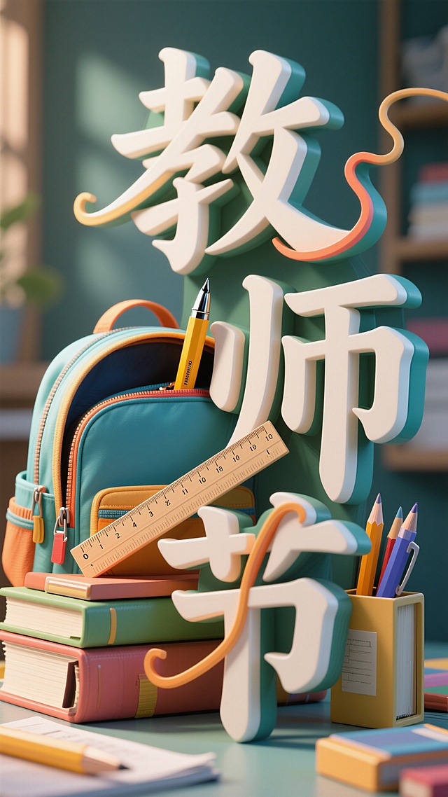 清新3D风设计，大字“教师节”突出，书包文具点缀，节日氛围浓厚。
