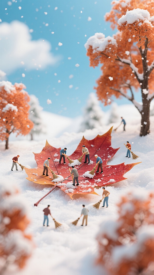 梦幻感微缩艺术风，拟人小人清扫枫叶上的雪，3D质感与水彩渲染结合，粒子雪花飘落，虚拟自然冬日童话。
