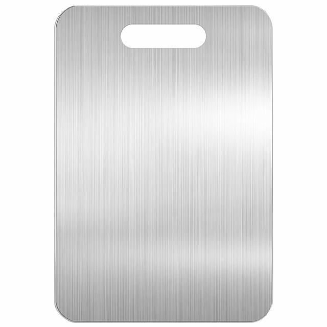 「图片1」，生成一套主图（5张），商品名称是不锈钢切菜板，卖点是【PROFESSIONAL 304 STAINLESS STEEL】With our solid 304 Stainless Steel, the cutting board surface resists stains, and the cutting board with NEVER absorb food juice from meat,onion or garlic. Much better than wooden or plastic boards, what's more, our titanium cutting board provide a clean surface for all of your food preparation, ensuring the health of your family
【DOUBLE-SIDED & PRACTICAL CUTTING BOARD】 Maximize your kitchen efficiency with our intelligent double-sided cutting boards. Designate one side exclusive for raw meat,poltry and fish, while using the other side for ready-to-eat food like fruit,vegetable and bread. This intelligent organization system effectively provid double the cutting surface in one compact board
【PROTECTS KNIVES & EXTREMELY DURABLE】The perfectly smooth surface is exceptionally gentle on your expensive knife blades, keeping them sharper 3x longer than abrasive wooden or bamboo boards. With heavy-duty 1.1mm thick stainless steel construction, it withstands decades of heavy chopping, slicing, and dicing without , cracking, or showing any cut marks. A true lifetime investment for your kitchen
【EASY CLEAN & DISHWASHER SAFE】Say goodbye to scrubbing and soaking forever! The non-porous surface repels food particles and liquids, allowing for instant cleanup with just a quick rinse under warm water. Completely dishwasher safe for the ultimate convenience, The most low-maintenance cutting board you'll ever own﻿
【HEAVY-DUTY & STABLE】Experience unparalleled stability during food preparation. The substantial weight and balanced design prevent slipping and sliding on countertops, ensuring safe and precise cutting every time. Perfect for all kitchen tasks from cutting bread, chopping steaks and slicing meats to kneading dough, this versatile board is your ultimate culinary companion for both home kitchens and professional use.，适配亚马逊/跨境平台，主图比例为1:1产品主体完全不变