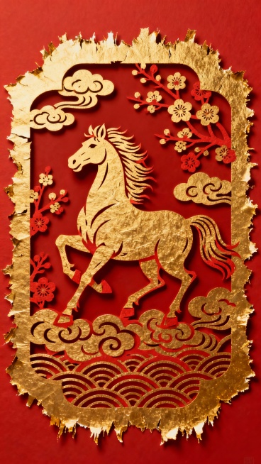 2026 马年、生肖海报、春节贺图，中式剪纸、浮雕质感、传统纹样、复古手工风，红金配色、中国红、鎏金、喜庆撞色，奔马纹样、祥云、梅花、波浪纹、毛边金箔边框，喜庆吉祥、富贵繁荣、年味浓郁、马到成功预览效果