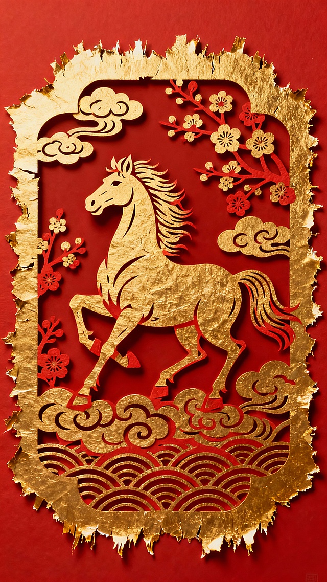 红金双色剪纸风，骏马踏云跃浪，梅花祥云点缀，鎏金边框复古喜庆，中式年味浓烈。
