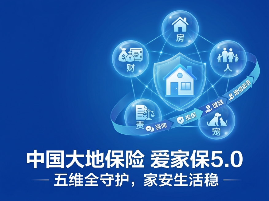 中国大地保险爱家保 5.0 将保障的边界进一步拓宽，构建了 "房、财、人、责、宠" 五维全面保障体系，把保险服务延伸到日常生活的全流程里。根据这段文字生成一张有创意的，可读性强一点的内容，图片的颜色为预览效果