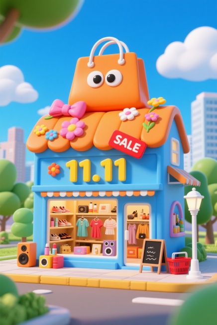 明亮活泼的3D风格场景，主体是一座蓝色的小商铺建筑，上方是橙色购物袋造型的屋顶，屋顶装饰有彩色花朵、粉色蝴蝶结、圆圆的大眼睛和红色“SALE”标签，商铺正面醒目显示黄色立体“11.11”数字。商铺内货预览效果