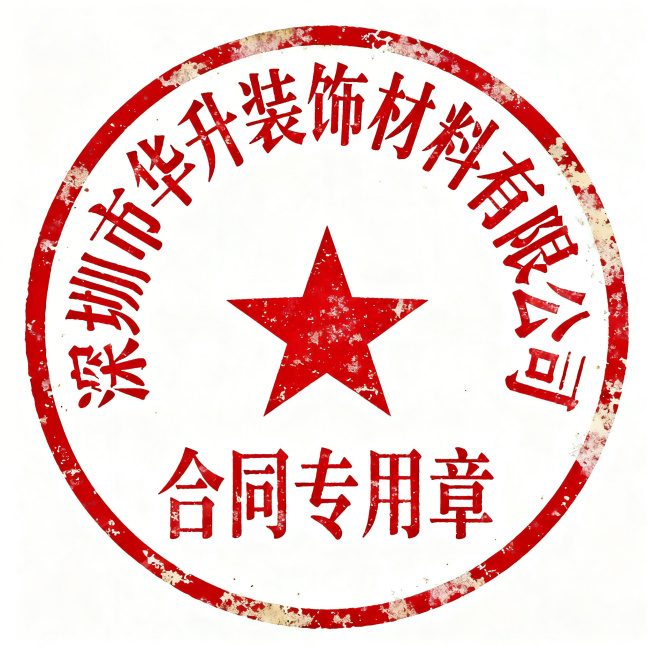 复古做旧风格圆形合同专用章，印章设计，外圆环边框，上方环绕文字"深圳市华升装饰材料有限公司"，下方标注"合同专用章"，居中放置五角星，红色印章，做旧磨损效果，边缘模糊斑驳，带有年代感印迹，白底，矢量图预览效果