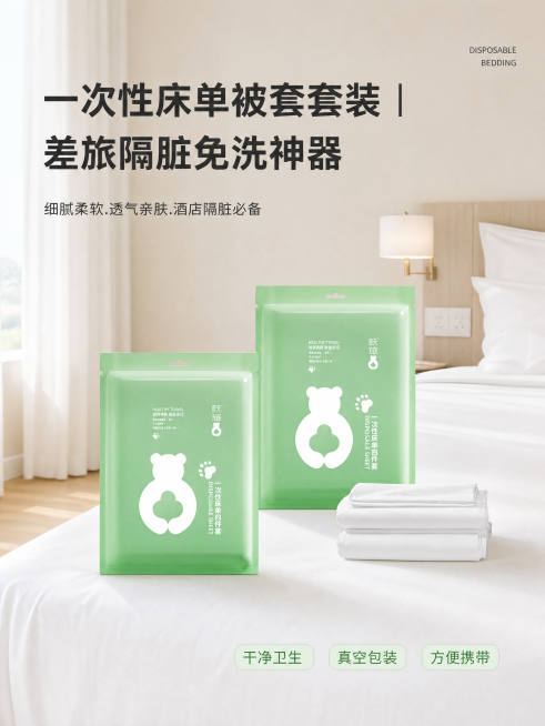 「图片1」用这个产品重新生成淘宝详情图，
背景：干净的产品场景图（比如酒店房间、旅行箱 + 床品）
主标题（加粗大字）：一次性床单被套套装 | 差旅隔脏免洗神器
副标题：细腻柔软.透气亲肤.酒店隔脏必预览效果