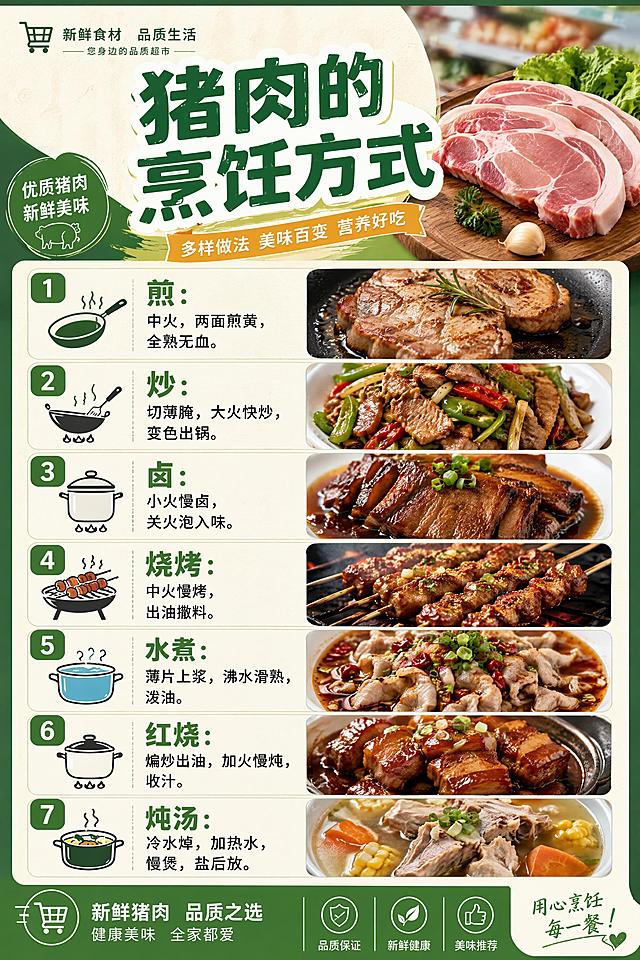 超市烹饪教学 宣传海报，生成图片，标题猪肉的烹饪方式，根据我的文案：煎：中火，两面煎黄，全熟无血。

炒：切薄腌，大火快炒，变色出锅。

卤：小火慢卤，关火泡入味。

烧烤：中火慢烤，出油撒料。

水煮：薄片上浆，沸水滑熟，泼油。

红烧：煸炒出油，加火慢炖，收汁。

炖汤：冷水焯，加热水，慢煲，盐后放。 猪肉