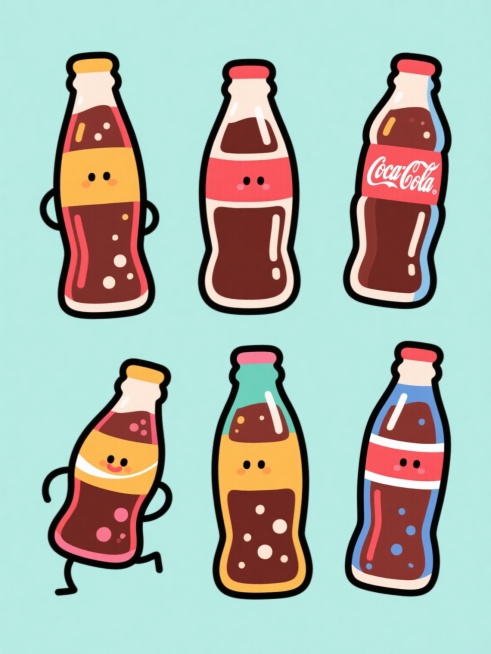 一组六个不同造型的卡通风格可乐瓶插画，保持圆润线条、简约造型和手绘质感，整体画面色彩变换为明亮活泼的多色调，每个可乐瓶拥有独特的动态姿势和瓶身设计，规整地排列在纯色背景上，突出可乐元素的核心特征，瓶身带有细腻的高光和气泡细节，整体风格统一且充满设计感。预览效果