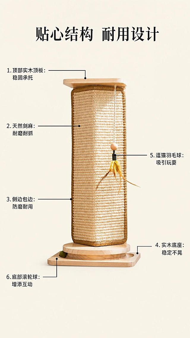 [第3屏] 结构解析屏，引线标注墙角猫抓板各部件设计。本屏使用【图1】作为商品主体。
[氛围/风格] 清晰专业解析风格，日常生活风，干净明亮，细节突出。
[元素布局] 产品整体居中放置占画面70%，用细引线分别从顶部实木顶板、剑麻抓面、侧边包边、实木底座、逗猫羽毛球、底部滚轮球六个部位引出标注，每个标注说明部位名称和用户收益；保持产品整体结构、材质颜色与输入图一致。
[光影质感] 正面均匀柔光，每个标注部位清晰突出，纹理可见，无过暗阴影。
[配色色系] 全局底色 #F5F1E9，产品原木色系，引线黑色细线条，标注文字黑色清晰，整体简洁清爽。
[视角构图] 正面居中视角，产品整体完整展示，标注分布在产品四周不遮挡主体。
[文字版式] 顶部主标题「贴心结构 耐用设计」，每个引线标注采用「部位：优势」短文案，如「天然剑麻：耐磨耐抓」，文字清晰不拥挤。
[比例分辨率] 9:16，4K，文字清晰可辨。
[负向提示词] 引线错乱，文字重叠，产品结构变形，缺件错件，颜色偏差，水印。