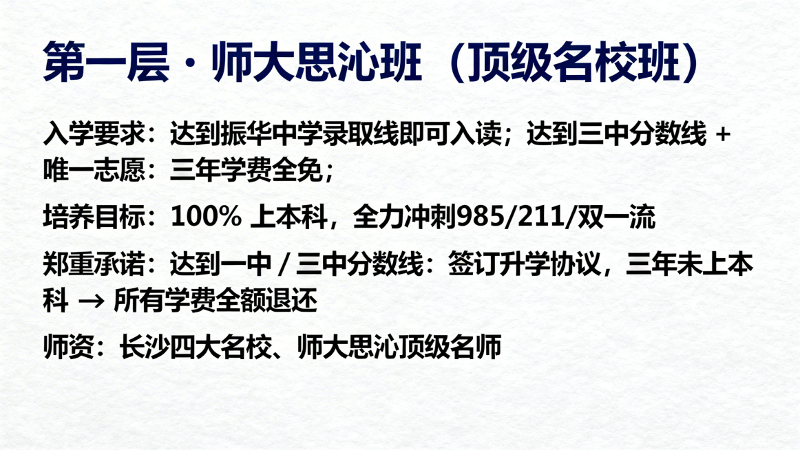 邵东经纬学校高中招生宣讲PPT第8页第一层师大思沁班，大标题"第一层・师大思沁班（顶级名校班）"，正文内容"入学要求：达到振华中学录取线即可入读；达到三中分数线 + 唯一志愿：三年学费全免；达到一中分预览效果