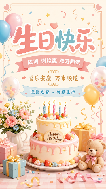 帮我生成一个生日海报，需要祝福文案，寿星是陈涛、谢艳惠，风格可以是卡通、活泼、温馨、时尚等预览效果