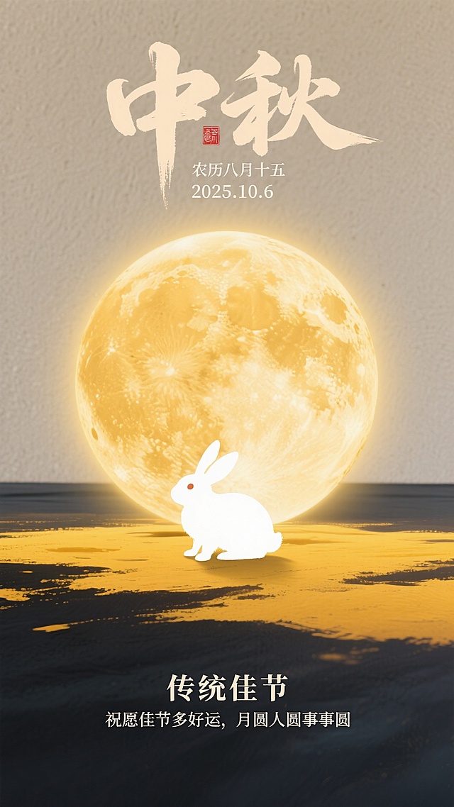 中式水墨风插画，浅米色纹理背景。顶部有标题 “中秋” ，小字”农历八月十五 2025.10.6“ 中间是巨大的黄色圆月，搭配白色祥云，圆月下方是黄色水墨晕染的地面，有一只白色兔子剪影立在上面，底部有副标题 “传统佳节” 文字及小字”祝愿佳节多好运，月圆人圆事事圆“，色彩以暖黄为主
