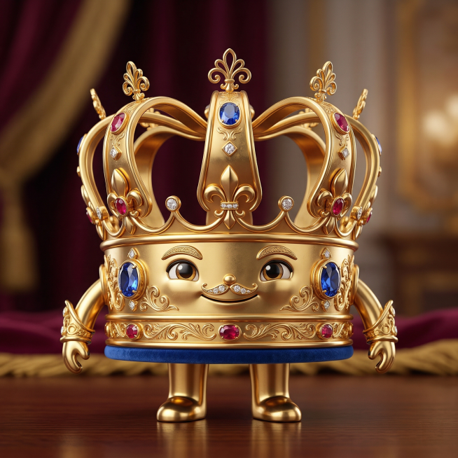 一个王冠IP形象设计，精致立体，金属质感，带有皇室风格的金色王冠，造型典雅大气，带有标志性设计预览效果