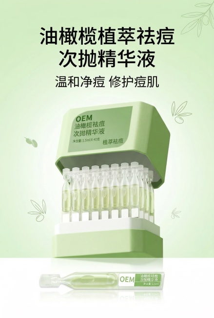 主视觉海报，严格还原上传的油橄榄植萃祛痘次抛精华液产品图，包括包装设计、颜色、LOGO位置、文字内容、图案元素等所有细节，产品规格1.5ml×40支，单支净含量1.5ml，产品整体居中展示，外盒打开状预览效果