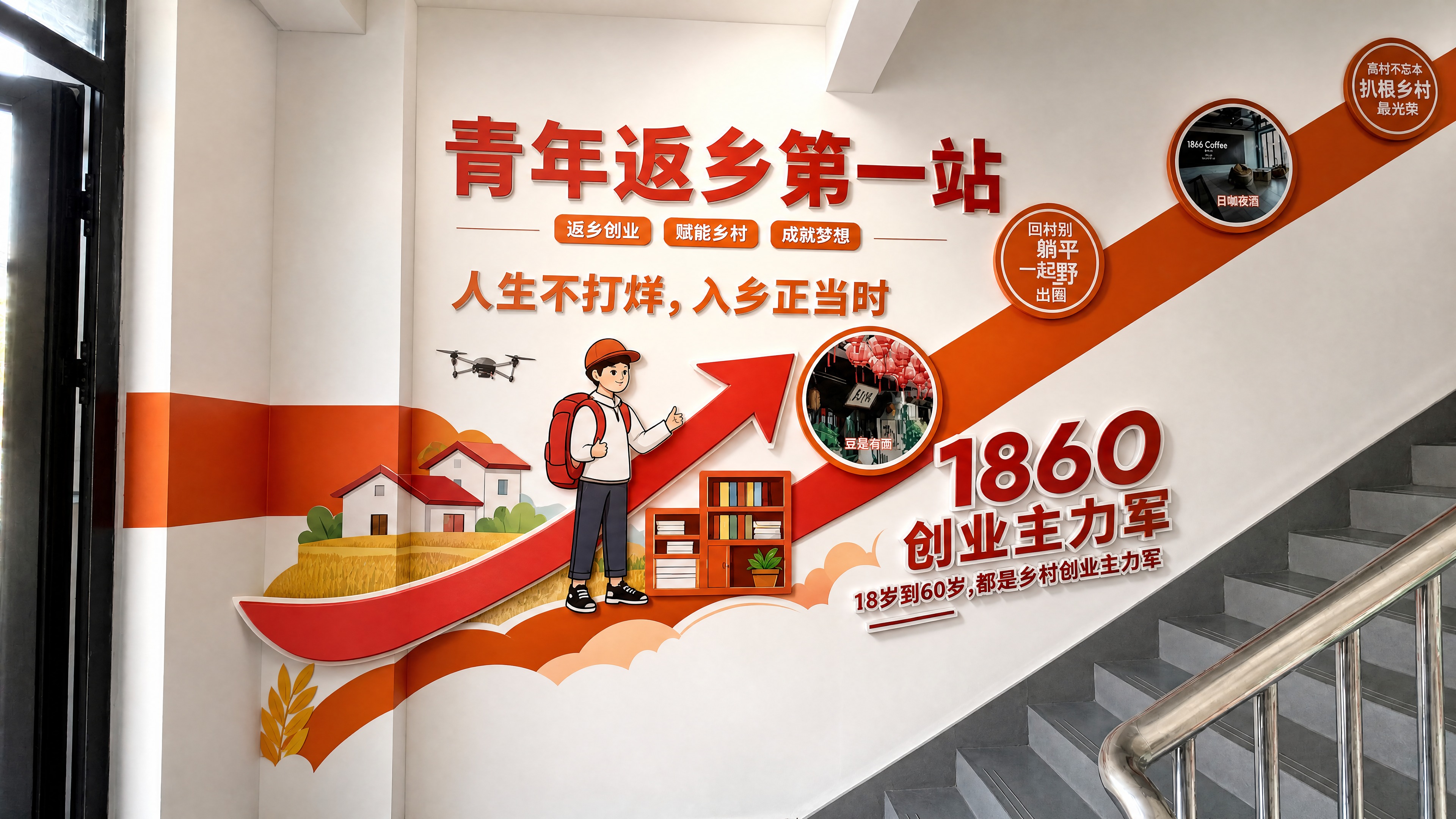 基于第一张楼梯间墙面实景图进行文化墙优化设计，保持墙面原有所有… - 图片创意预览
