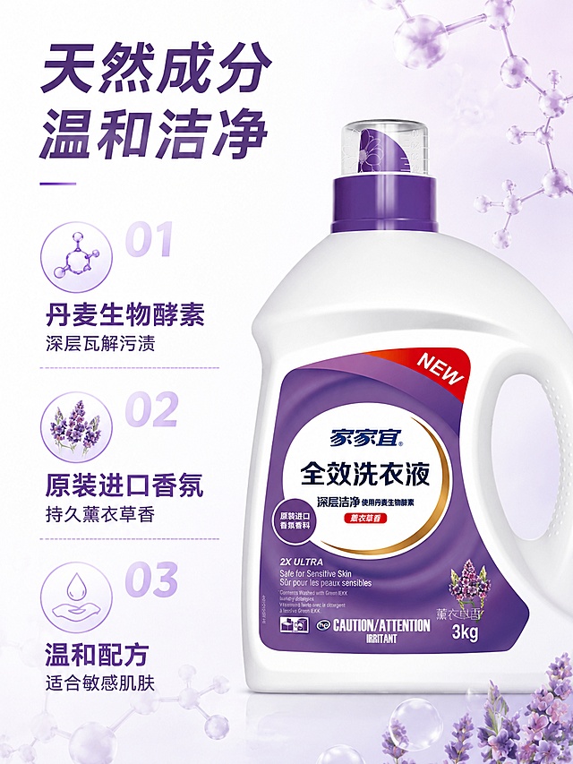 [第3屏] 成分原理解析-家家宜洗衣液核心成分优势介绍。本屏使用【图1】作为商品主体。
[氛围/风格] 专业科技风，干净清爽，突出成分天然安全。
[元素布局] 产品图位于画面右侧，占比约50%；左侧分三点介绍核心成分优势，每个卖点配简约图标，采用编号+文字说明形式；背景添加淡紫色酵素分子图形装饰。
[光影质感] 左侧均匀打光，右侧产品立体感强，整体明暗层次分明。
[配色色系] 全局底色 #FFFFFF；主色深紫文字；辅助色浅紫图标背景，保持整体清新干净。
[视角构图] 左文右图竖向构图，信息分区明确，阅读从上到下流畅。
[文字版式] 顶部主标题「天然成分 温和洁净」，左侧三点卖点依次为：「丹麦生物酵素 深层瓦解污渍」、「原装进口香氛 持久薰衣草香」、「温和配方 适合敏感肌肤」，图标+文字排列整齐，不遮挡产品主体。
[比例分辨率] 3:4 竖版比例，4K分辨率，文字清晰可辨，高清画质。
[负向提示词] 图标杂乱，文字重叠，产品变形，颜色偏差，虚假宣传用语。
