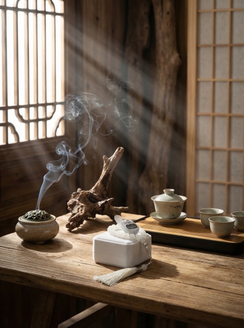 将这个白色念珠计数器放到中式禅意场景中，背景搭配枯木、禅茶茶具，加上烟雾和窗边阳光丁达尔效果，营造静谧文雅的氛围，保持产品原有颜色和样式不变，尺寸900*1200预览效果