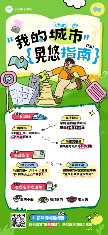 旅行路线行程海报绿色卡通感插画风手账指南全屏竖版海报预览效果