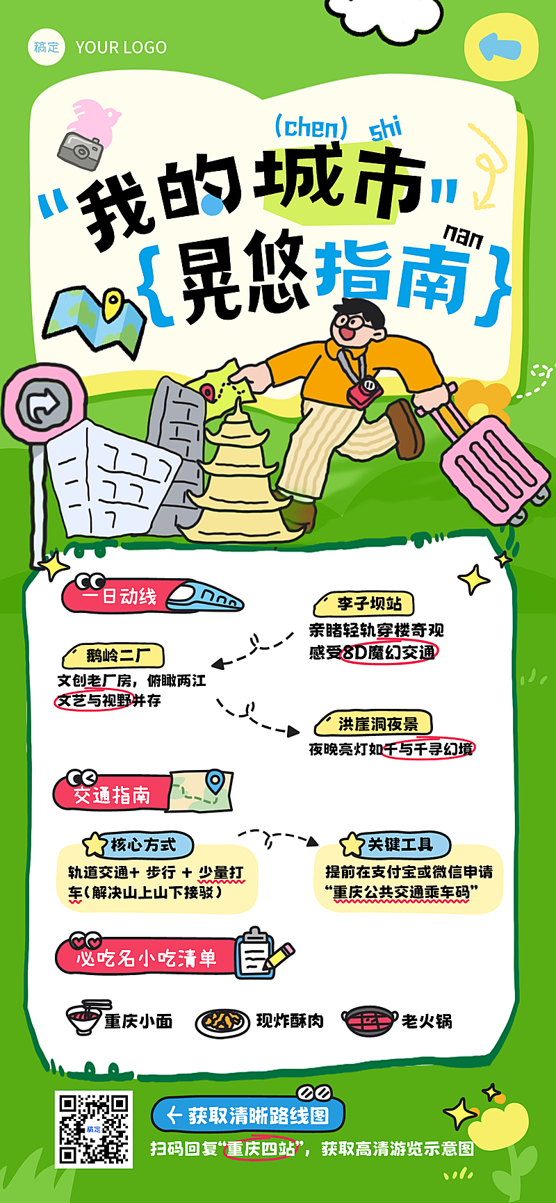 旅行路线行程海报绿色卡通感插画风手账指南全屏竖版海报