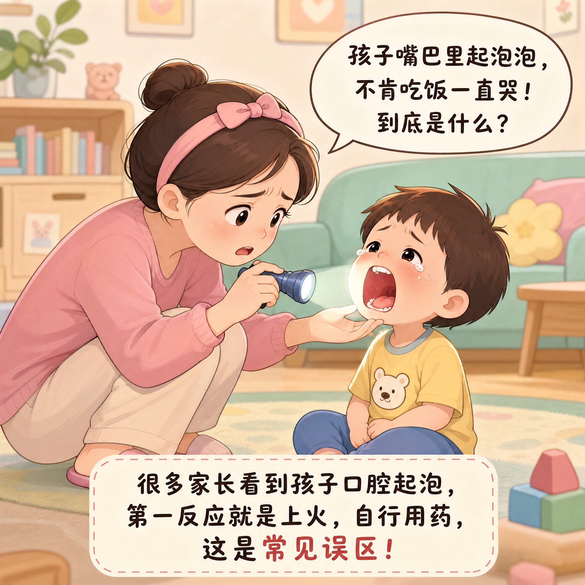 儿童科普漫画第二格，温和卡通风格，室内居家场景，一位年轻宝妈蹲… - 图片创意预览