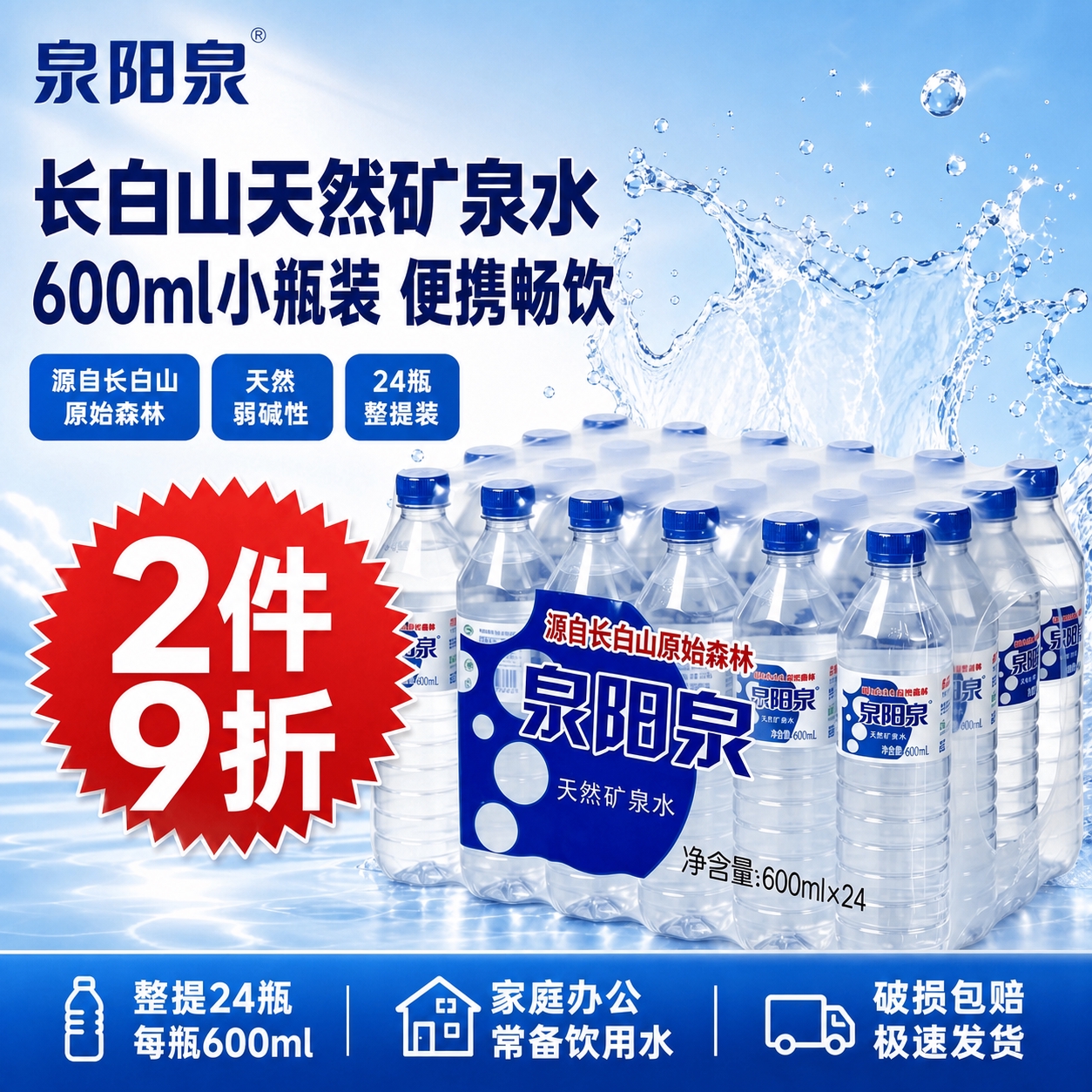 将海报中的2L大瓶装泉阳泉矿泉水整提6瓶，替换为600ml小瓶… - 图片创意预览