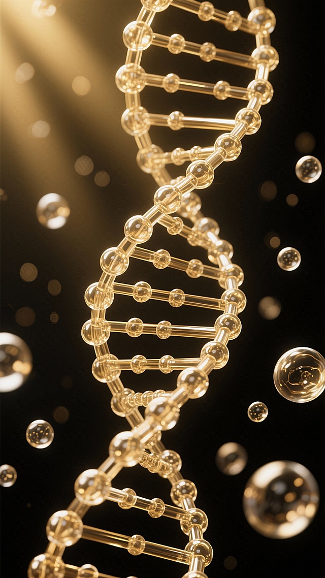 3D渲染的DNA双螺旋结构，表面呈现光滑的半透明质感，缠绕的链条上分布着规则排列的球形连接点，周围悬浮着大小不一、同样具有透明光泽的气泡，整体采用渐变的金色色调，从顶部的亮金色逐渐过渡到底部的暗金色，背景为柔和的黑金色虚化光斑，营造出神秘而科技感的氛围，光线从斜上方照射，在DNA链条和气泡表面形成清晰的高光和细腻的阴影，所有元素排布规整有序，保持原有的分子结构形态和悬浮状态。