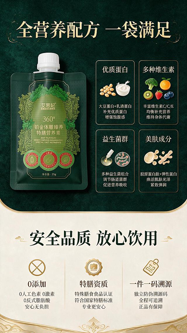 电商详情页全营养配方与品质保障页，新中式高端品质风格。上半部分深墨绿背景：左侧放置深墨绿色自立袋产品图（正面羽衣甘蓝绿色植物纹样边框，底部三个红绿圆形徽章，白色旋盖，与实拍图一致）。右侧2×2网格四个营养模块：优质蛋白、多种维生素、益生菌群、美肤成分，每模块配食材图标。主标题「全营养配方 一袋满足」金色宋体。下半部分奶油米白背景：三个品质图标横向排列「0添加」「特膳资质」「一件一码溯源」。主标题「安全品质 放心饮用」深墨绿宋体。底部金色装饰收边。9:16竖版，高清商业设计质感。
