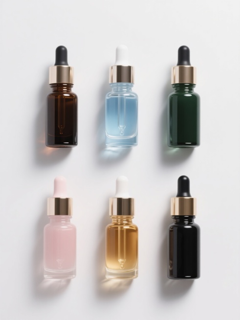 超写实主义风格的化妆品精华液系列素材集合，纯白纯色背景，六个完全不同配色和瓶子样式的玻璃滴管瓶规整排布成两行三列，每个瓶子均展现出原图的高细节透明玻璃质感、精确光影投射、细腻液体反光和金属瓶盖光泽，保留滴管设计元素，瓶身颜色分别为深棕色、透明蓝色、磨砂粉色、墨绿色、琥珀金色和哑光黑色，瓶盖颜色与瓶身形成和谐对比，整体构图平衡对称，突出高端护肤品的精致感和专业品质，无任何文字、LOGO、二维码及……预览效果