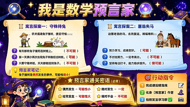 小学数学课堂任务海报，主题「我是数学预言家」，探案推理风格，适合五年级小学生，有趣活泼，扁平化卡通风，横版16:9，版式精美。

背景：深紫到深蓝的神秘星空渐变背景，点缀星星、魔法光点、水晶球、放大镜等探案元素，营造神秘预言家氛围。

顶部主标题区：超大粗体艺术字"我是数学预言家 🔮"，紫金色渐变，带魔法光效，醒目有冲击力，旁边配一个卡通水晶球和放大镜装饰。

左侧区域【寓言探案一：守株待兔】，米黄色卷轴式卡片：
小标题"📜 寓言探案一：守株待兔"，配农夫和树桩小插画。
故事简介："古时候，农夫偶遇兔子撞树，便日日守候……"
三道填空题，每道前有紫色小问号图标：
❓每天都有兔子撞死在树桩上。（ 不可能 ）
❓某一天偶尔再次出现兔子奔跑经过树桩。（ 可能 ）
❓只要守着树桩，天天都能捡到兔子。（ 不可能 ）
底部黄色高亮框："💡 预言家笔记：兔子撞树是偶然发生的事件，可能性极小！"

右侧区域【寓言探案二：塞翁失马】，浅蓝色卷轴式卡片：
小标题"📜 寓言探案二：塞翁失马"，配边塞老翁和马小插画。
故事简介："边塞老翁的马，去而复返，祸福难料……"
三道判断题，每道前有蓝色小问号图标：
❓努力学习，成绩变好。（ 可能 ）
❓不付出努力，一定考高分。（ 不可能 ）
❓坚持每日打卡，能力稳步提升。（ 很可能 ）

底部中间区域【预言家通关密语】，金色魔法书样式卡片，必背重点突出：
标题"⭐ 预言家通关密语（必背）"，金色发光字体。
四条核心知识点，左右对称排列，每条前有星星图标：
⭐ 偶然发生 ＝ 可能性小
⭐ 经常发生 ＝ 可能性大
⭐ 绝对发生 ＝ 一定
⭐ 绝对不会 ＝ 不可能

右下角【行动指令】，橙色渐变按钮式卡片：
标题"🎯 行动指令"
1️⃣ 完成课后精准练
2️⃣ 化身【预言家】作答
3️⃣ 拍照发至学习群 ✅

整体风格：神秘探案+魔法预言家主题，深紫蓝主色+金色点缀+橙黄高亮，卡通插画元素丰富，文字清晰可读，趣味性强，适合五年级小学生。画面中所有信息区域、卡片、列表必须填充完整合理的内容，不得出现空白框、空白占位、横线待填写区域、空列表项、空单元格。画面中所有文字必须精确渲染，不得错位、遗漏或编造。