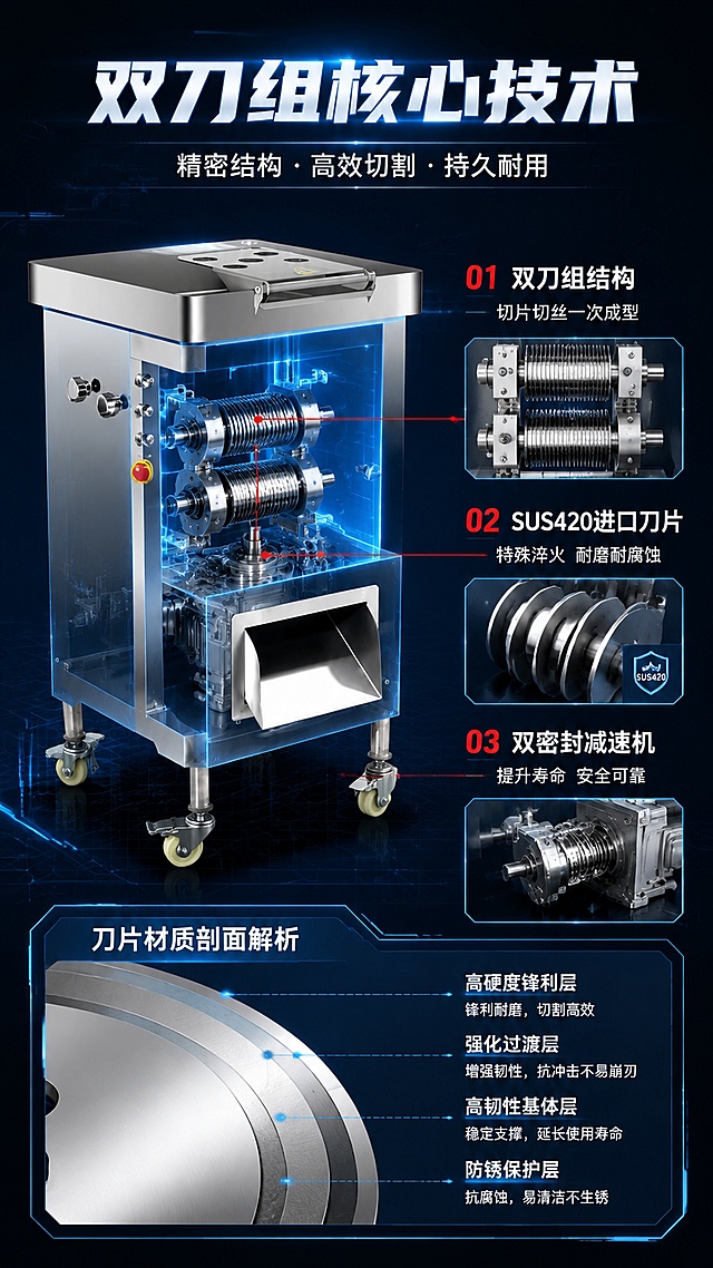 [第4张] 详情页核心技术解析-双刀组结构与刀片材质剖面展示。本张使用【图1】作为商品主体，重点展示刀组部位。
[氛围/风格] 科技解析风，剖面结构示意，专业精密感，工业设计质感。
[元素布局] 左侧为机器刀组区域放大剖面示意图，展示双刀组内部结构、刀片排列、传动部件；右侧为文案解析区；背景为深蓝色科技感底，带发光线条和网格；机器整体轮廓保留，刀组部分做半透明剖视效果；机身外观与输入产品图一致。
[光影质感] 冷色调科技光，刀组部位有高亮聚光，金属刀片有锐利高光，结构层次分明。
[配色色系] 全局底色 #0F1A2A 深蓝黑；主色不锈钢银白高光；辅助色科技蓝发光线条、红色标注线。
[视角构图] 左剖视右文字，横向布局，阅读动线从左到右。
[文字版式] 顶部主标题「双刀组核心技术」，白色粗体发光字；右侧分3段技术说明：「双刀组结构」切片切丝一次成型、「SUS420进口刀片」特殊淬火 耐磨耐腐蚀、「双密封减速机」提升寿命 安全可靠；配标注线指向对应结构部位；文字清晰可读。
[比例分辨率] 9:16 竖版比例，4K分辨率，文字清晰可辨，高清画质。
[负向提示词] 机器变形，结构错误，缺件错件，水印，文字错乱，文字过小，产品图模糊。