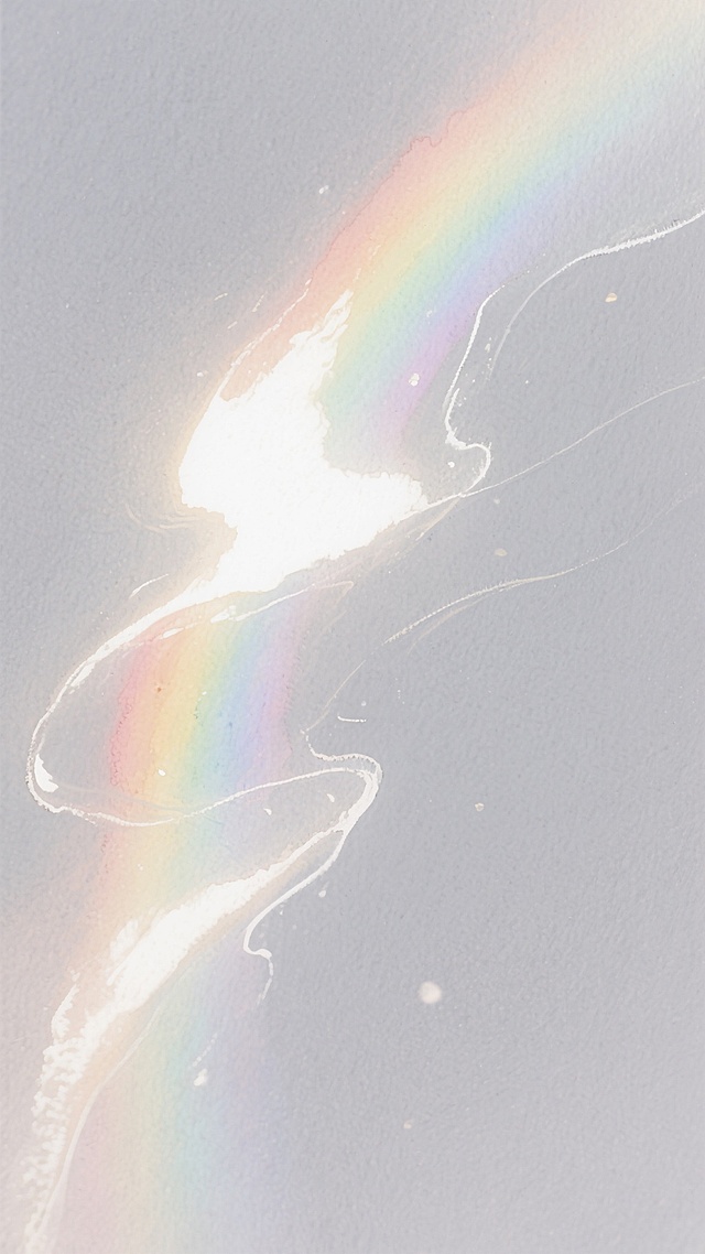 梦幻水彩风格，柔和透明的渐变色彩，轻盈晕染的彩虹光束，柔和散射的白色光源，半透明的光晕效果，细腻的水彩笔触纹理，淡雅的灰色背景，流动感的光线轨迹，水彩特有的水分渗透感，朦胧梦幻的氛围，柔和过渡的色彩层次，轻盈通透的视觉质感，仿佛水彩颜料在湿润纸面上自然扩散形成的彩虹光效，细腻的色彩渐变与柔和的边缘模糊处理。