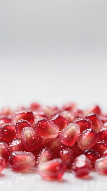 一张特写镜头下的石榴籽背景图，画面中饱满多汁的红色石榴籽紧密排列，表面覆盖着晶莹剔透的水珠，在明亮柔和的白光照射下，水珠反射出闪亮的高光，石榴籽的红色呈现出从深红到透亮粉红的渐变层次，边缘清晰锐利，质感水润饱满，整体构图以石榴籽充满画面下方，上方为纯净的白色背景，营造出清新、自然、充满生机的氛围，色彩对比鲜明，细节纹理清晰可见，光线柔和均匀，突出石榴籽的新鲜与水润质感。预览效果