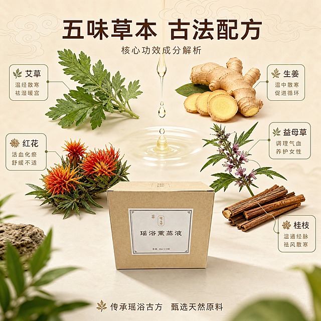 [主图-2] 核心功效成分解析 展示瑶浴熏蒸液的草本成分与养护功效，强调天然植萃配方。
[统一基调] 整体风格为中式草本养生风，温润自然，主色调为原木米色+艾草绿+暖棕点缀，主标题字体为干净非衬线体粗体，深棕色字，辅助文字为浅棕色小号字，卡片样式为圆角浅米色半透明底配细绿边，图标为简约线性风格。
[画面] 产品牛皮纸盒位于画面下方居中，占比约35%。上方环绕悬浮着多种真实草本原料：艾草叶、生姜片、红花、益母草、桂枝，每种草本旁有细线引出标注名称。中间有淡淡的草本精华液滴缓缓落下的动态感。背景为浅米色，带有细微的中式云纹暗底。
[光影质感] 商业摄影质感，顶光柔和打亮草本原料，叶片纹理清晰，草本颜色鲜艳自然，产品盒有自然光影过渡，整体通透温润。
[配色] 主色原木米色，辅色艾草绿，草本原色自然呈现，文字深棕色。
[文字版式] 顶部主标题大字"五味草本 古法配方"，下方每种草本原料旁有小号文字标注名称，底部有一行小字"传承瑶浴古方 甄选天然原料"。文字布局在负空间，不遮挡产品和主要草本。
[输出要求] 比例1:1，文字清晰可读，产品外观与输入一致，草本真实自然，无水印无平台Logo。负向：产品变形 错字 模糊 杂乱 水印 抖音Logo 悬浮感过重 穿模