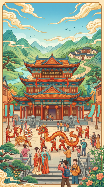 国潮风景区宣传插画，画面展示刘伯承元帅故里游客中心外观，结合地方民俗文化元素，祥云纹样点缀，国潮风格和整套统一预览效果