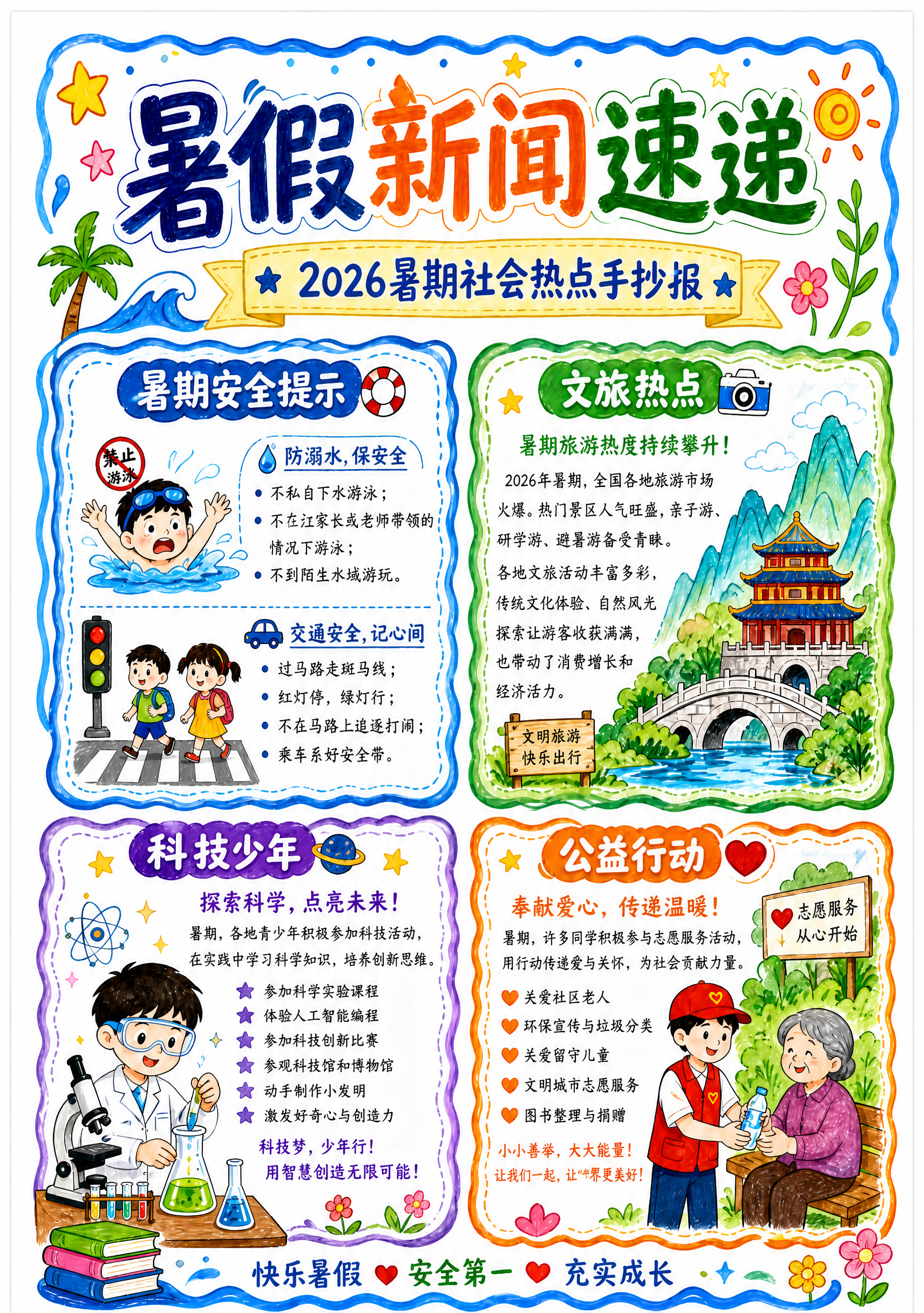 将这张暑假新闻手抄报调整为A4竖版比例（2:3），保持所有内容… - 图片创意预览