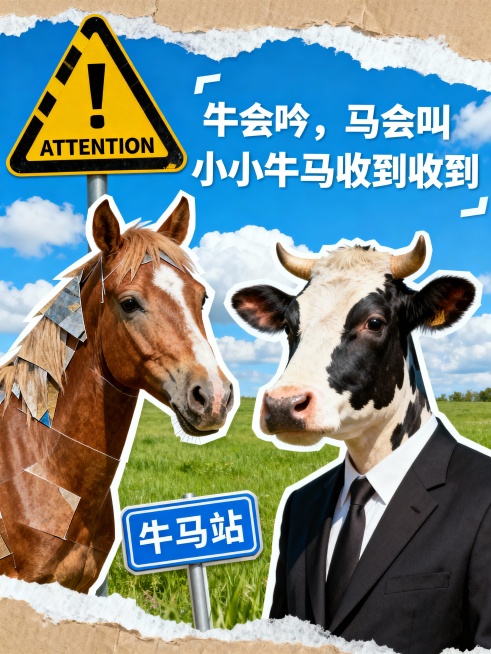 拼贴式构图。主体是拟人化的牛马形象（马头拼贴图案 + 穿西装的奶牛图案）；画面上方设黄底黑纹警示三角牌“！ATTENTION"，旁边白色抽象字体“牛会吟，马会叫 小小牛马收到收到”。下方加 “牛马站”预览效果