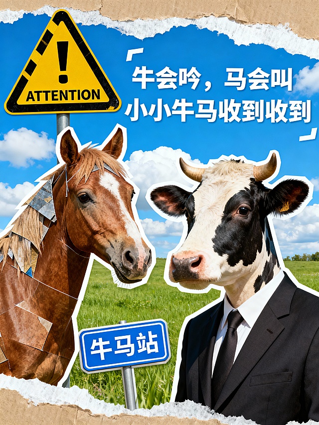 拼贴式构图。主体是拟人化的牛马形象（马头拼贴图案 + 穿西装的奶牛图案）；画面上方设黄底黑纹警示三角牌“！ATTENTION"，旁边白色抽象字体“牛会吟，马会叫 小小牛马收到收到”。下方加 “牛马站” 蓝色站牌元素，蓝天白云草地背景