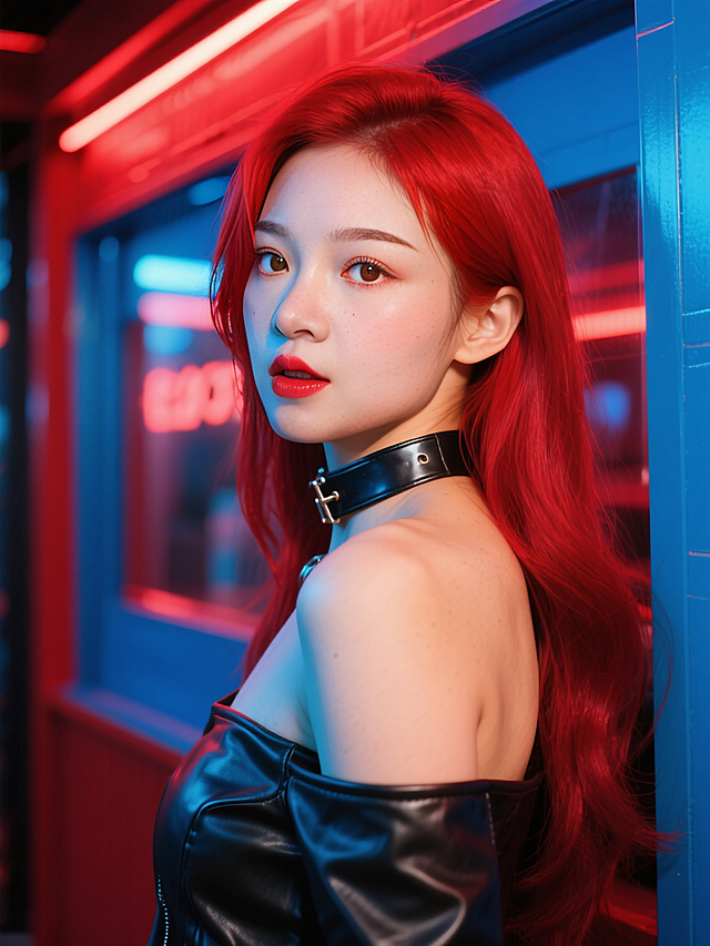 人物穿上露肩皮衣，脖子上有皮质项圈，背靠红蓝色酒吧外墙，烈焰红唇，赛博朋克风，红蓝色光影
