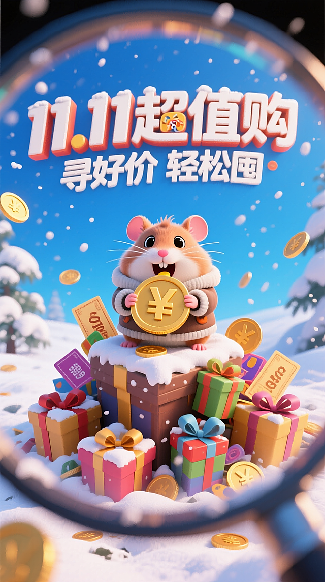 3D卡通风格。透过前景模糊的放大镜的POV视角+鱼眼构图，一个穿着冬装的迷你仓鼠在一大堆凌乱堆叠的礼盒、购物券、金币（上面“￥”符号）顶部，以夸张且享受的的表情吃着一个硕大的大金币，冬雪覆盖在仓鼠和礼盒身上，背后巨大的带有设计感的艺术字主副标题组合设计"11.11超值购"+“寻好价 轻松囤”，蓝色背景，极端的俯视角度构图