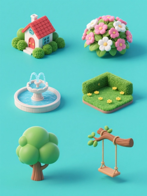 软3D风格的花园系列素材集合，纯色背景，整体色彩变换为清新明快的蓝绿色调，保持原有的软3D视觉质感和光影效果。画面中规整排布六个完全不同的花园元素内容：左侧上方是带有红色屋顶和白色墙壁的小房子，周围环绕着绿色灌木丛；右侧上方是盛开的粉色和白色花朵组成的花簇，花瓣层次分明；左侧中间是圆形的喷泉，水柱向上喷射，底部有圆形水池；右侧中间是修剪整齐的绿色草地，上面点缀着黄色的小花；左侧下方是高大的绿色……预览效果