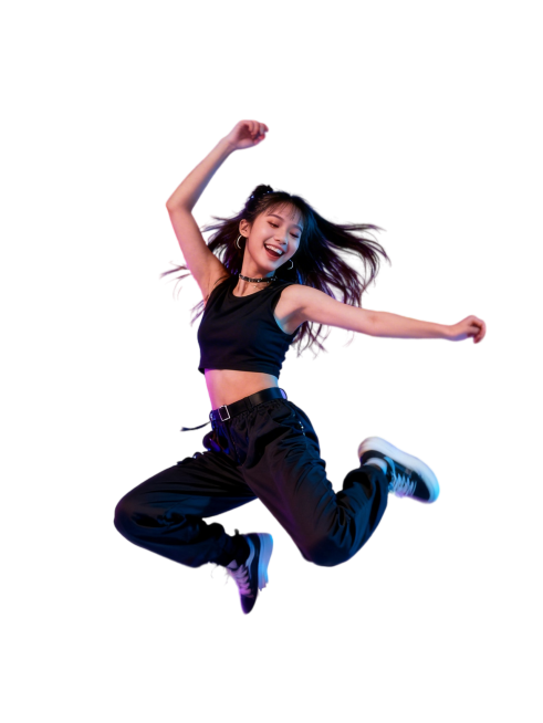 一个跳着爵士舞的开心女生，适合放在爵士舞招生海报中心位置，动感青春，充满活力，风格偏潮流酷炫，和现有镭射胶片海报风格统一预览效果