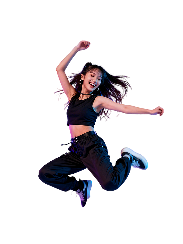 一个跳着爵士舞的开心女生，适合放在爵士舞招生海报中心位置，动感青春，充满活力，风格偏潮流酷炫，和现有镭射胶片海报风格统一