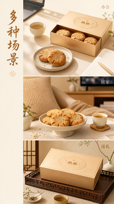 [第6屏] 多场景食用种草，本屏使用【图1】作为产品参考。
[氛围/风格] 高端新中式，日常温馨感，每个场景干净明快，生活气息浓郁。
[元素布局] 采用三段竖拼版式，每段展示一个场景：上段展示「办公室预览效果