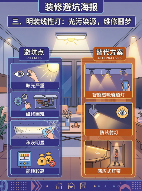 装修避坑海报，标题"三、明装线性灯：光污染源，维修噩梦"，内容列出坑点：眩光严重、维修困难、积灰明显、能耗较高，给出替代方案：智能磁吸轨道灯、防眩射灯、感应式灯带，现代简约设计，家居背景预览效果